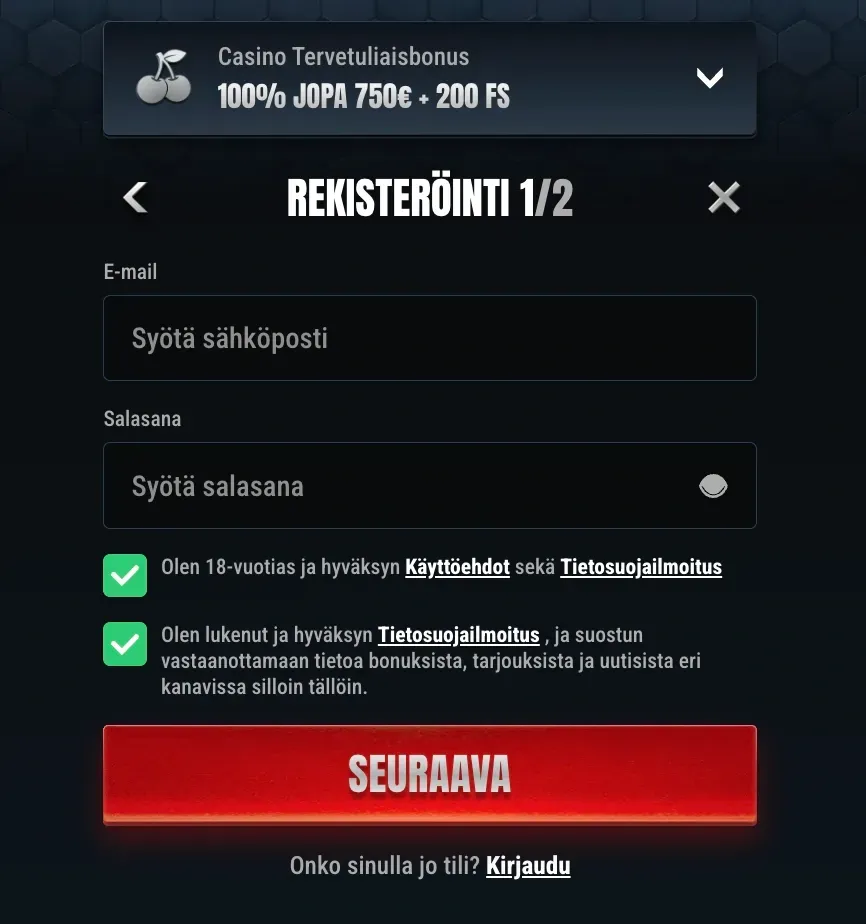 Rekisteröintilomake Glorion kasino